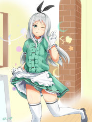Rule 34 | 10s, 1boy, ;), apron, aqua eyes, blend s, blue panties, blush, bow, bulge, clothes lift, dress, dress lift, frills, gloves, hair bow, hairband, indoors, kanzaki hideri, lingerie (aki3240), looking at viewer, male focus, one eye closed, panties, puffy short sleeves, puffy sleeves, short sleeves, silver hair, skirt, skirt lift, smile, solo, standing, teasing, thighhighs, underwear, v, waist apron, waitress, white gloves