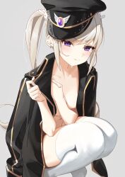 Rule 34 | 1girl, black hat, black jacket, blonde hair, blush, breasts, closed mouth, collarbone, covering breasts, covering privates, crying, crying with eyes open, earrings, grey background, hat, highres, jacket, jewelry, long hair, looking at viewer, maplestory, medium breasts, military hat, mole, mole under eye, naked jacket, orchid (maplestory), purple eyes, sidelocks, solo, squatting, syhan, tears, thighhighs, twintails, v-shaped eyebrows, very long hair, white thighhighs