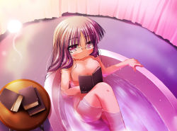 Rule 34 | 1girl, bath, bathtub, bespectacled, book, breasts, censored, convenient censoring, convenient leg, female focus, glasses, large breasts, long hair, nude, patchouli knowledge, purple hair, solo, touhou, water, wet, zein co1