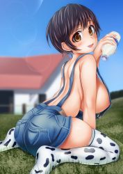 Rule 34 | 10s, 1girl, :p, animal print, areola slip, arm support, ass, back, bad id, bad pixiv id, bare back, barn, black hair, blue sky, blurry, blush, bottle, breasts, brown eyes, building, cow print, daiwa (daicon), day, denim, depth of field, from side, grass, highres, holding, holding bottle, huge breasts, idolmaster, idolmaster cinderella girls, leaning forward, lens flare, looking at viewer, looking back, milk bottle, naked overalls, no shoes, oikawa shizuku, on ground, outdoors, overalls, rural, short hair, sideboob, sitting, sky, sleeeepers high, solo, strap gap, thighhighs, tongue, tongue out, wariza