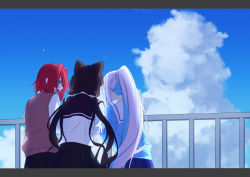 Rule 34 | 3girls, :d, ange katrina, animal ears, black hair, black sailor collar, black skirt, blue cardigan, blue eyes, blue hair, blue skirt, blue sky, braid, cardigan, cloud, day, dog ears, dog hair ornament, facing away, hair between eyes, hair intakes, hair ornament, inui toko, letterboxed, lize helesta, long hair, looking at another, looking away, low twintails, multicolored hair, multiple girls, nijisanji, open mouth, outdoors, pleated skirt, ponytail, profile, railing, red hair, sailor collar, school uniform, serafuku, shirt, short sleeves, skirt, sky, smile, sweater vest, talunilu uu3, twintails, two-tone hair, very long hair, virtual youtuber, white hair, white sailor collar, white shirt