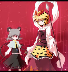Rule 34 | 2girls, aho, animal ears, animal print, blonde hair, female focus, grey hair, highres, letterboxed, mouse ears, mouse tail, multiple girls, nazrin, polearm, red eyes, spear, tail, tiger print, toramaru shou, touhou, weapon, yellow eyes