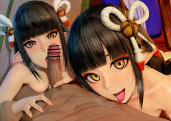 Rule 34 | 1boy, 2girls, bar censor, black hair, blunt bangs, blush, breasts, censored, eyeliner, fewer digits, ffm threesome, group sex, hair ornament, handjob, head out of frame, hetero, hinoa, jellytits-7, licking, licking nipple, long hair, looking at viewer, makeup, medium breasts, minoto, monster hunter (series), monster hunter rise, multiple girls, nipple stimulation, nipples, nude, open mouth, penis, pointy ears, revision, shimaidon, shimaidon (sex), siblings, sisters, smile, threesome, tongue, tongue out, twins, yellow eyes