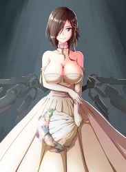 Rule 34 | 1girl, alternate hair length, alternate hairstyle, ark royal (azur lane), artist request, azur lane, bare shoulders, blue eyes, bouquet, breasts, chain, cleavage, collar, collarbone, commentary request, dress, elbow gloves, flower, gloves, hair over one eye, hair ribbon, large breasts, looking at viewer, machinery, ribbon, short hair, sleeveless, sleeveless dress, smile, solo, wedding dress, white dress, white gloves, zhongji renxing zi zou xian danhuang