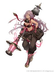 Rule 34 | 1girl, absurdres, bag, blue eyes, boots, breasts, cinderella (sinoalice), cross-laced footwear, dark-skinned female, dark skin, full body, gas mask, gloves, grin, hair over one eye, hand on own hip, highres, ji no, jumpsuit, jumpsuit around waist, large breasts, light purple hair, long hair, looking at viewer, low ponytail, mask, mask around neck, navel, official art, sinoalice, smile, solo, square enix, staff, very long hair, white background