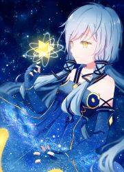 Rule 34 | 1girl, bad id, bad pixiv id, blue dress, blue gloves, collarbone, dress, elbow gloves, fingerless gloves, floating hair, gloves, long hair, mimengfeixue, parted lips, ponytail, silver hair, sky, sleeveless, sleeveless dress, solo, standing, star (sky), starry sky, twintails, very long hair, vocaloid, xingchen, yellow eyes