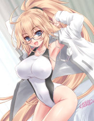 Rule 34 | 1girl, armpits, arms behind head, artist name, breasts, commentary request, competition swimsuit, cowboy shot, dated, fate/grand order, fate (series), glasses, highleg, highleg swimsuit, inoue tomii, jacket, jeanne d&#039;arc (fate), jeanne d&#039;arc (ruler) (fate), jeanne d&#039;arc (swimsuit archer) (fate), large breasts, looking at viewer, one-piece swimsuit, ponytail, sitting, solo, swimsuit, twitter username, whistle, whistle around neck, white jacket, white one-piece swimsuit