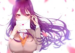 Rule 34 | 1girl, blazer, blush, breasts, collared shirt, covering own mouth, doki doki literature club, falling petals, hair ornament, hairclip, hand in own hair, hand up, highres, holding, holding letter, jacket, large breasts, letter, long hair, looking to the side, love letter, neck ribbon, petals, purple eyes, purple hair, ribbon, saihara homare, school uniform, shirt, solo, sweater, wind, yuri (doki doki literature club)