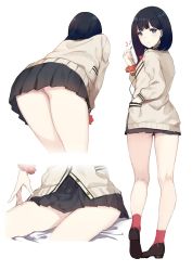 Rule 34 | 10s, 1girl, ass, black footwear, black hair, black skirt, blush, bow, bowtie, buttons, cable, caidychen, cardigan, close-up, closed mouth, commentary request, earbuds, earphones, from behind, full body, gridman universe, hand in pocket, highres, holding, holding earbud, leaning forward, light frown, loafers, long hair, long sleeves, looking at viewer, looking back, miniskirt, multiple views, musical note, pleated skirt, pocket, red bow, red legwear, red scrunchie, school uniform, scrunchie, shoes, simple background, sitting, skirt, socks, ssss.gridman, standing, takarada rikka, tan cardigan, thighs, white background, wrist scrunchie