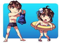 Rule 34 | 1boy, 1girl, :o, ahoge, barefoot, bikini, blush, breasts, brother and sister, brown eyes, brown hair, enoo, frown, hair ornament, hairpin, innertube, kresnik ahtreide, one-piece swimsuit, open mouth, ribbon, sandals, school swimsuit, short hair, shorts, siblings, simple background, small breasts, swim ring, swimsuit, wild arms, wild arms 4, yulie ahtreide