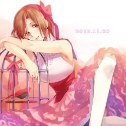 Rule 34 | 1girl, bad id, bad pixiv id, bird, birdcage, bow, brown eyes, brown hair, cage, dated, dress, frilled dress, frills, hair bow, hubi, meiko (vocaloid), nail polish, pantyhose, short hair, smile, vocaloid