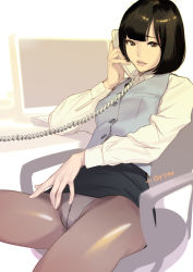 Rule 34 | 1girl, black pantyhose, black skirt, bob cut, chair, clothes lift, desk, dytm, female focus, formal, highres, looking at viewer, monitor, office chair, office lady, panties, panties under pantyhose, pantyhose, pencil skirt, phone, short hair, sitting, skirt, skirt lift, solo, suit, swivel chair, talking on phone, underwear, vest, waistcoat