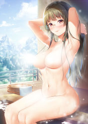 Rule 34 | 1girl, arms up, black hair, blush, breasts, bucket, censored nipples, choukai (kancolle), cloud, completely nude, convenient censoring, day, glasses, imachireki, kantai collection, large breasts, long hair, mountain, nude, onsen, outdoors, partially submerged, red eyes, rimless eyewear, sitting, sky, smile, solo, steam, steam censor, tree, twitter username, water, wet, wooden bucket