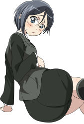 Rule 34 | 1girl, arm support, ass, black footwear, black jacket, black skirt, blush, boots, commentary, dress shirt, from behind, frown, girls und panzer, glasses, grey eyes, grey hair, highres, jacket, long sleeves, looking at viewer, looking back, lying, military, military uniform, miniskirt, on side, open mouth, pantylines, pencil skirt, round eyewear, rumi (girls und panzer), selection university military uniform, shirt, short hair, simple background, skirt, solo, sweatdrop, swept bangs, uniform, wakku kan, white background, white shirt