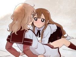 Rule 34 | 2girls, ahoge, bed, blonde hair, blush, brown eyes, brown hair, closed mouth, grey background, imminent incest, imminent kiss, incest, kamiki uutarou, looking at another, multiple girls, nanamori school uniform, neckerchief, on bed, oomuro hanako, oomuro sakurako, open mouth, red skirt, school uniform, siblings, simple background, sisters, skirt, tears, yuri, yuru yuri