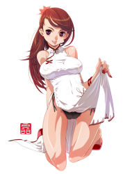 Rule 34 | 1girl, black panties, brown hair, china dress, chinese clothes, clothes lift, dress, full body, kneeling, panties, shirt lift, simple background, solo, sonobe kazuaki, underwear, white background