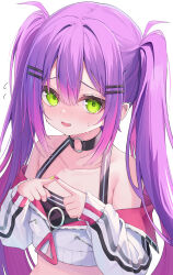 Rule 34 | 1girl, 333shishishi333, absurdres, black choker, black tank top, blush, choker, collarbone, crop top, cropped jacket, embarrassed, flying sweatdrops, green eyes, hair between eyes, hair ornament, hairclip, highres, hololive, index fingers together, long hair, looking at viewer, multicolored hair, nose blush, o-ring, o-ring choker, off shoulder, pink hair, pink nails, purple hair, simple background, solo, sweat, tank top, tokoyami towa, tokoyami towa (1st costume), twintails, upper body, very long hair, virtual youtuber, white background, yellow nails