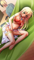 Rule 34 | 1boy, 1girl, armlet, barefoot, between legs, blonde hair, breasts, cleavage, dark-skinned female, dark skin, doukyuusei another world, female masturbation, game cg, grabbing own breast, green eyes, hand between legs, jewelry, kakyuusei, long hair, lying, masturbation, medium breasts, midriff, necklace, non-web source, on side, sarong, stealth masturbation, stomach, straight hair, strapless, thighlet, tina (kakyuusei), very long hair