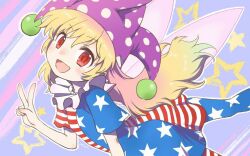 Rule 34 | 1girl, american flag dress, artist name, blonde hair, blush, clownpiece, commentary request, dress, fairy wings, fingernails, flying, gradient hair, hair between eyes, hand up, hat, jester cap, long fingernails, long hair, looking at viewer, mimi (ikrptppt), multicolored background, multicolored hair, neck ruff, one-hour drawing challenge, open mouth, pantyhose, pink background, pink hair, polka dot, purple background, purple hat, red eyes, short dress, short sleeves, smile, solo, star (symbol), star print, striped background, striped clothes, striped dress, tongue, touhou, transparent wings, v, white background, wings