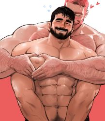 Rule 34 | 2boys, abs, arm hair, bara, beard, chest hair, couple, dopey (dopq), closed eyes, facial hair, highres, large pectorals, male focus, mature male, multiple boys, muscular, muscular male, navel, open mouth, original, pectorals, smile, sweat, sweatdrop, topless male