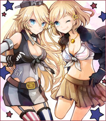 Rule 34 | 10s, 2girls, america (hetalia), american flag, american flag print, asymmetrical legwear, axis powers hetalia, black gloves, blonde hair, blue eyes, border, bra, breasts, brown skirt, cleavage, closed mouth, clothes writing, crop top, cropped jacket, crossover, fingerless gloves, flag print, front-tie top, fur-trimmed jacket, fur trim, garter straps, genderswap, genderswap (mtf), gloves, hair between eyes, hair ornament, harukoma, headgear, heads together, iowa (kancolle), jacket, jewelry, kantai collection, large breasts, long hair, looking at viewer, midriff, miniskirt, mismatched legwear, multiple girls, navel, necklace, one eye closed, pendant, pleated skirt, print bra, red border, see-through, shirt, short hair, skirt, smile, standing, standing on one leg, star-shaped pupils, star (symbol), star hair ornament, star print, stomach, striped clothes, striped thighhighs, swept bangs, symbol-shaped pupils, thighhighs, tied shirt, underwear, united states, vertical-striped clothes, vertical-striped thighhighs, very long hair, wrist cuffs