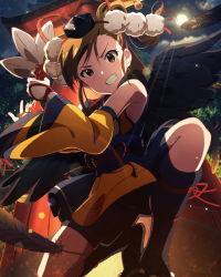 Rule 34 | 10s, 1girl, bare shoulders, bird wings, brown hair, detached sleeves, feathered wings, feathers, futami mami, grin, hand fan, hat, idolmaster, idolmaster (classic), idolmaster million live!, looking at viewer, official art, side ponytail, smile, solo, tengu, wings
