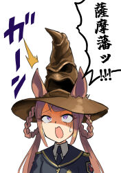 Rule 34 | 1girl, absurdres, animal ears, black necktie, black robe, brown hair, commentary request, crossover, ears through headwear, gisuta sunshine, hair rings, harry potter (series), hat, highres, hogwarts legacy, hogwarts school uniform, horse ears, horse girl, long hair, necktie, purple eyes, robe, school uniform, simple background, sorting hat, sweep tosho (umamusume), translated, twintails, umamusume, white background, witch hat, wizarding world