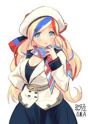 Rule 34 | 1girl, artist name, beret, blonde hair, blue dress, blue eyes, blue hair, buttons, commandant teste (kancolle), dated, double-breasted, dress, hat, highres, jacket, kantai collection, long hair, looking at viewer, multicolored clothes, multicolored hair, multicolored scarf, one-hour drawing challenge, owa (ishtail), plaid, plaid scarf, pom pom (clothes), red hair, scarf, simple background, solo, streaked hair, swept bangs, wavy hair, white background, white hair