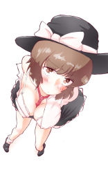 Rule 34 | 1girl, bad id, bad pixiv id, between breasts, black footwear, blush, bow, bra, breasts, brown eyes, brown hair, cleavage, collared shirt, from above, full body, hat, hat bow, highres, looking at viewer, looking up, medium breasts, necktie, necktie between breasts, non (z-art), off shoulder, open clothes, open shirt, shirt, shoes, short hair, simple background, skirt, socks, solo, touhou, underwear, usami renko, white background, white bra
