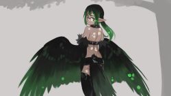 Rule 34 | 1girl, back, bare shoulders, bird tail, black hair, black harpy (monster girl encyclopedia), collar, commentary, earrings, english commentary, feathered wings, from behind, fusion, glasses, gradient hair, green eyes, green hair, grey background, harpy, harpy (monster girl encyclopedia), heart, heart earrings, highres, jewelry, long hair, looking at viewer, looking back, monster girl, monster girl encyclopedia, monsterification, multicolored hair, original, paintrfiend, pointy ears, rectangular eyewear, simple background, smile, solo, tharkis, twintails, winged arms, wings