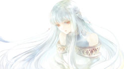 Rule 34 | 1girl, blunt bangs, fire emblem, fire emblem: the blazing blade, floating hair, kuzumosu, long hair, ninian (fire emblem), nintendo, parted lips, red eyes, silver hair, simple background, solo, upper body, very long hair, white background