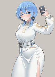 Rule 34 | 1girl, absurdres, arm behind back, awan raccoon, belt, blue eyes, blue hair, breasts, bright pupils, cellphone, cowboy shot, earrings, grey background, hair between eyes, hand up, highres, holding, holding phone, hololive, hoshimachi suisei, hoshimachi suisei (8th costume), jewelry, long sleeves, medium breasts, parted lips, phone, shirt, simple background, skirt, smartphone, solo, star (symbol), star in eye, symbol in eye, virtual youtuber, white belt, white pupils, white shirt, white skirt