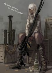 Rule 34 | 1girl, alcohol, ammunition, ammunition belt, anti-materiel rifle, bipod, bolt action, boots, crate, cross-laced footwear, cup, dark skin, dark-skinned female, drinking glass, grin, gun, highres, jittsu, lace-up boots, looking at viewer, m1 bazooka, military, naughty face, original, rifle, rocket launcher, russian text, scope, shell casing, shot glass, sitting, smile, sniper rifle, solo, tan, translated, vodka, weapon, white hair