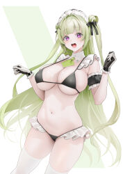 Rule 34 | 1girl, antenna hair, ascot, bare shoulders, bikini, black bikini, blush, breasts, cleavage, commentary request, detached collar, detached sleeves, frilled bikini, frills, gloves, goddess of victory: nikke, green ascot, green hair, hair bun, hair ornament, hair rings, hands up, highres, large breasts, long hair, looking at viewer, maid, maid headdress, mole, mole on breast, navel, ohisashiburi, open mouth, partial commentary, pink eyes, skindentation, smile, soda (nikke), solo, stomach, string bikini, suggestive fluid, sweat, swimsuit, thighhighs, thighs, two-tone gloves, two side up, very long hair, wet, white thighhighs