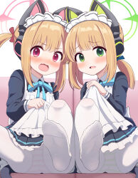 Rule 34 | 2girls, :o, animal ears, apron, blonde hair, blue archive, blue bow, blush, bow, cat ears, cat tail, clothes lift, dress, dress lift, fake animal ears, fake tail, feet, frilled dress, frills, green eyes, green halo, hair bow, halo, headphones, highres, lifting own clothes, long sleeves, looking at viewer, maid, maid apron, maid headdress, medium hair, midori (blue archive), midori (maid) (blue archive), momoi (blue archive), momoi (maid) (blue archive), multiple girls, no shoes, official alternate costume, open mouth, panties, pantyhose, pc fworks, pink bow, pink eyes, pink halo, siblings, sidelocks, simple background, sisters, sitting, striped clothes, striped panties, tail, twins, underwear, white apron, white pantyhose