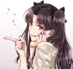 Rule 34 | 1girl, :d, black bow, blue nails, bow, bracelet, brown hair, fate/grand order, fate (series), from side, hair bow, index finger raised, ishtar (fate), jewelry, long hair, looking at viewer, nail polish, open mouth, red eyes, simple background, smile, solo, star (symbol), takamatsu (yamajiai), twintails, upper body, very long hair, white background