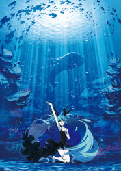 Rule 34 | 1girl, :d, ahoge, air bubble, aqua hair, arm up, bare legs, barefoot, big hair, black dress, blue eyes, blue theme, bubble, coral, dress, fish, gown, hair ribbon, hatsune miku, highres, kneeling, knees together feet apart, light rays, long hair, looking at viewer, open mouth, outstretched arm, ribbon, scenery, shinkai shoujo (vocaloid), sleeveless, sleeveless dress, smile, solo, spaghetti strap, sunbeam, sunlight, thigh gap, twintails, underwater, very long hair, vocaloid, whale, wide shot, yonasawa
