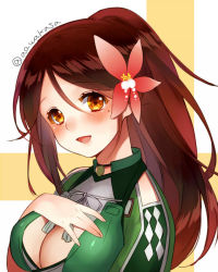 Rule 34 | 10s, 1girl, amagi (kancolle), bare shoulders, blush, breasts, brown eyes, brown hair, cleavage, cleavage cutout, clothing cutout, colored eyelashes, hair between eyes, hair ornament, hand on own chest, kantai collection, large breasts, leaf, leaf on head, long hair, looking at viewer, mole, mole under eye, open mouth, ponytail, ryuuki (hydrangea), smile, solo, upper body