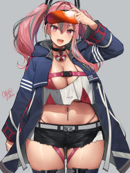 Rule 34 | 1girl, azur lane, belt, bikini, bikini under clothes, black shorts, blue jacket, blush, breasts, bremerton (azur lane), choker, cleavage, collarbone, crop top, crop top overhang, goggles, goggles on head, highres, jacket, large breasts, long hair, long sleeves, looking at viewer, multicolored hair, navel, navel piercing, oekakizuki, open clothes, open jacket, open mouth, piercing, pink bikini, pink eyes, pink hair, short shorts, shorts, smile, solo, streaked hair, swimsuit, thick thighs, thighhighs, thighs, twintails, wide hips