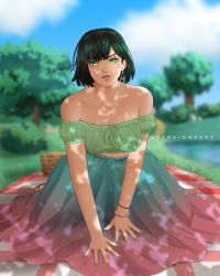 Rule 34 | 1girl, bare shoulders, earrings, fubuki (one-punch man), green eyes, highres, jewelry, looking at viewer, midriff, navel, one-punch man, skirt