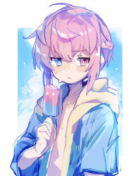 Rule 34 | 1boy, absurdres, blue hair, blush, food, heterochromia, highres, hot, long sleeves, looking to the side, male focus, open clothes, open shirt, original, pink hair, popsicle, raito-kun (uenomigi), red hair, solo, solo focus, sweat, uenomigi, upper body