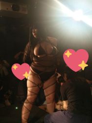 Rule 34 | 1girl, asian, bdsm, bikini, black hair, bondage, bound, breasts, chouzuki maryou, highres, large breasts, lipstick, makeup, photo (medium), plump, solo, swimsuit, thick thighs, thighs