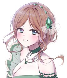 Rule 34 | bang dream!, bang dream! it&#039;s mygo!!!!!, birthday, bloom, blue eyes, breasts, brown hair, choker, cleavage, dress, earrings, gem, green choker, green dress, green gemstone, hair ornament, highres, jewelry, looking at viewer, nagasaki soyo, necklace, pearl necklace, portrait, ppora, sidelocks, simple background, smile, white background
