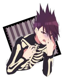 Rule 34 | 1boy, commentary request, cropped torso, danganronpa (series), danganronpa v3: killing harmony, facial hair, goatee, grey background, halloween costume, hand up, long sleeves, looking at viewer, male focus, momota kaito, multicolored background, nagi to (kennkenn), open mouth, purple hair, scared, skeleton print, solo, spiked hair, sweat, trembling, white background