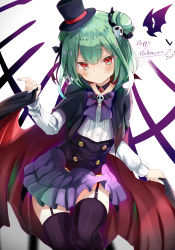 Rule 34 | 1girl, absurdres, black thighhighs, blue nails, blush, cape, collar, commentary request, double bun, earrings, fang, flat chest, garter straps, green hair, hair between eyes, hair bun, hair ornament, happy halloween, hat, highres, holding, holding cape, holding clothes, hololive, jewelry, long sleeves, looking at viewer, medium hair, mini hat, nail polish, purple skirt, red eyes, shirt, sidelocks, skin fang, skirt, skull hair ornament, smile, solo, thighhighs, top hat, toshizou (0714), uruha rushia, virtual youtuber, white shirt