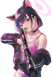 Rule 34 | 1girl, absurdres, animal ears, black choker, black hair, black jacket, blue archive, blush, bob cut, breasts, camisole, cat ears, choker, collarbone, colored inner hair, commentary request, cowboy shot, expressionless, eyebrows hidden by hair, eyelashes, food in mouth, foreshortening, gun, hair between eyes, hair ornament, hairclip, halo, hand up, head tilt, highres, holding, holding gun, holding weapon, jacket, kazusa (blue archive), looking at viewer, medium hair, multicolored hair, noomaru (nomorepeople), off shoulder, open clothes, open jacket, panties, pink camisole, pink hair, pink halo, pink panties, red eyes, simple background, small breasts, solo, underwear, upper body, weapon, white background