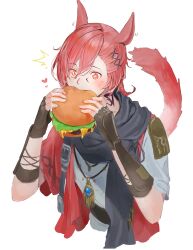 Rule 34 | + +, 1boy, ^^^, absurdres, animal ears, black gloves, black scarf, burger, cat ears, cat tail, final fantasy, final fantasy xiv, food, foodgasm, g&#039;raha tia, gloves, grey shirt, hair ornament, hairclip, heart, highres, holding, jewelry, lumeru 33, male focus, miqo&#039;te, necklace, red eyes, red hair, scarf, shirt, simple background, solo, tail, upper body, white background, wide-eyed, x hair ornament