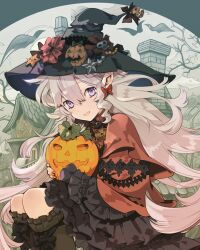 Rule 34 | 1girl, black dress, black hat, blue eyes, boots, building, butterfly earrings, capelet, commentary, dress, earrings, elf, frilled sleeves, frills, grey footwear, grey hair, hat, hat ornament, highres, holding, jack-o&#039;-lantern, jack-o&#039;-lantern ornament, jewelry, layered dress, long hair, long sleeves, looking at viewer, medium dress, original, outdoors, pointy ears, red capelet, sitting, sleeveless, sleeveless dress, solo, standing, star (symbol), star hat ornament, thigh boots, wind, witch, witch hat, yyuunn
