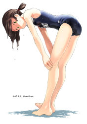 Rule 34 | 1girl, bent over, black hair, dated, from side, fubuki (kancolle), full body, green eyes, hands on own knees, kantai collection, long hair, looking at viewer, low ponytail, one-piece swimsuit, ponytail, puddle, sakura (medilore), school swimsuit, short ponytail, sidelocks, simple background, solo, standing, swimsuit, twintails, wet, wet clothes, wet swimsuit, white background