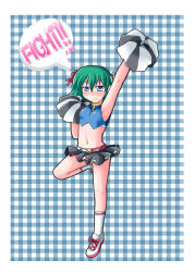 Rule 34 | 1girl, black skirt, blue background, blue eyes, blush, breasts, cheerleader, closed mouth, crop top, english text, expressionless, full body, green hair, grid background, highres, holding, holding pom poms, looking at viewer, mono (mono60), navel, pom pom (cheerleading), pom poms, shiki eiki, short hair, skirt, small breasts, socks, solo, speech bubble, touhou, white footwear, white socks